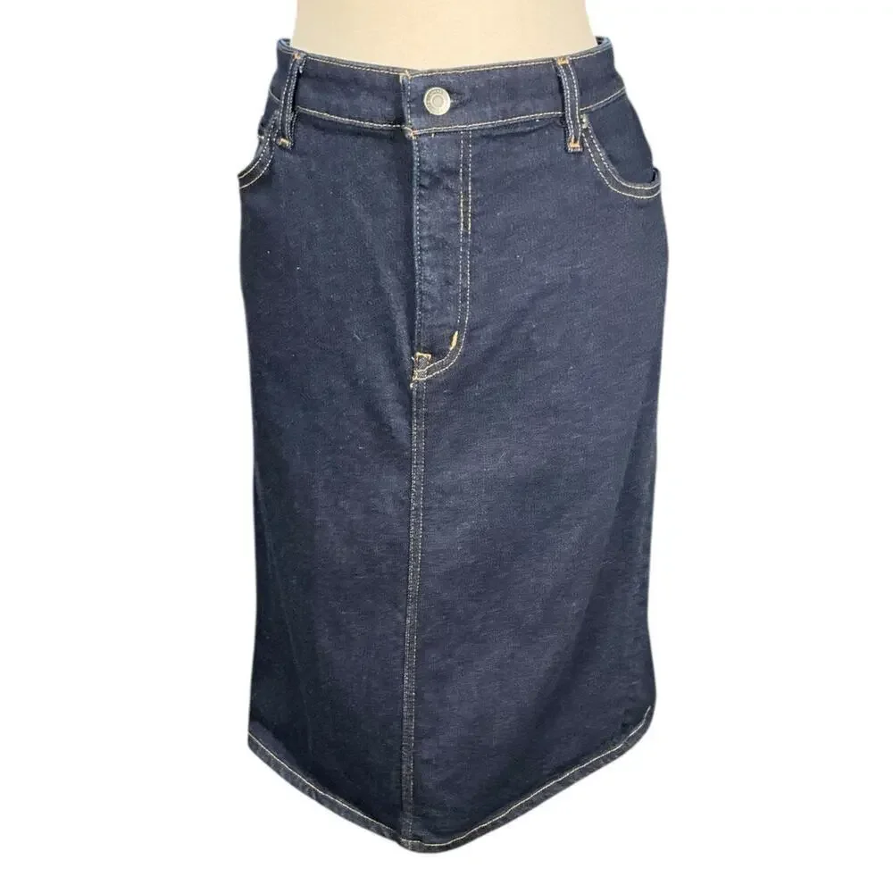 Lauren Ralph Lauren Denim Pencil Skirt Dark Wash Stretch Midi Classic Size 16